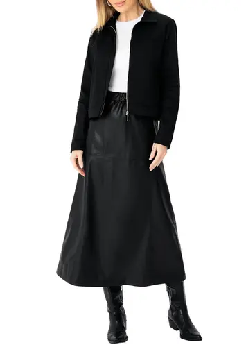 Look Jaqueta Feminina Ampla Enfim 1000127095 + Saia Midi Evasê Enfim 1000124835